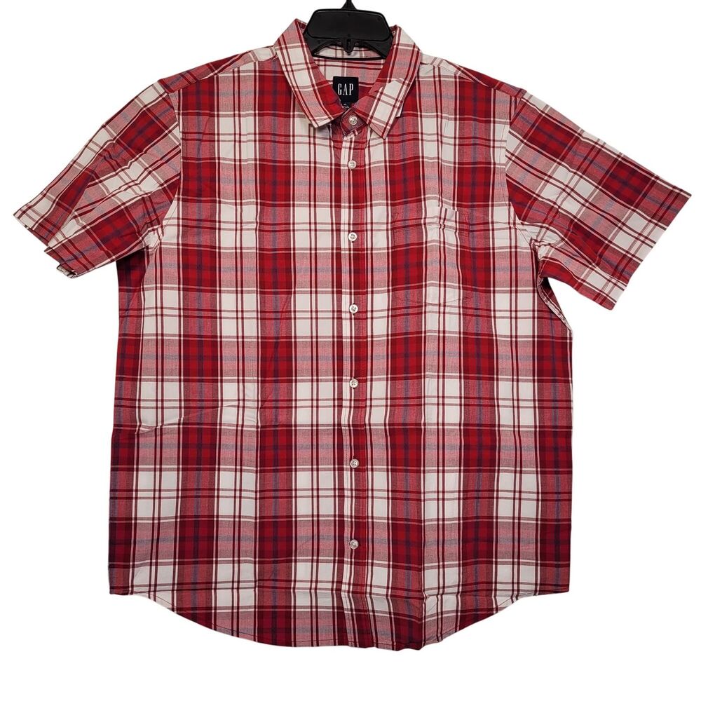 Gap Men's Red Plaid Short Sleeve Button-Up Cotton Poplin Shirt X-Large